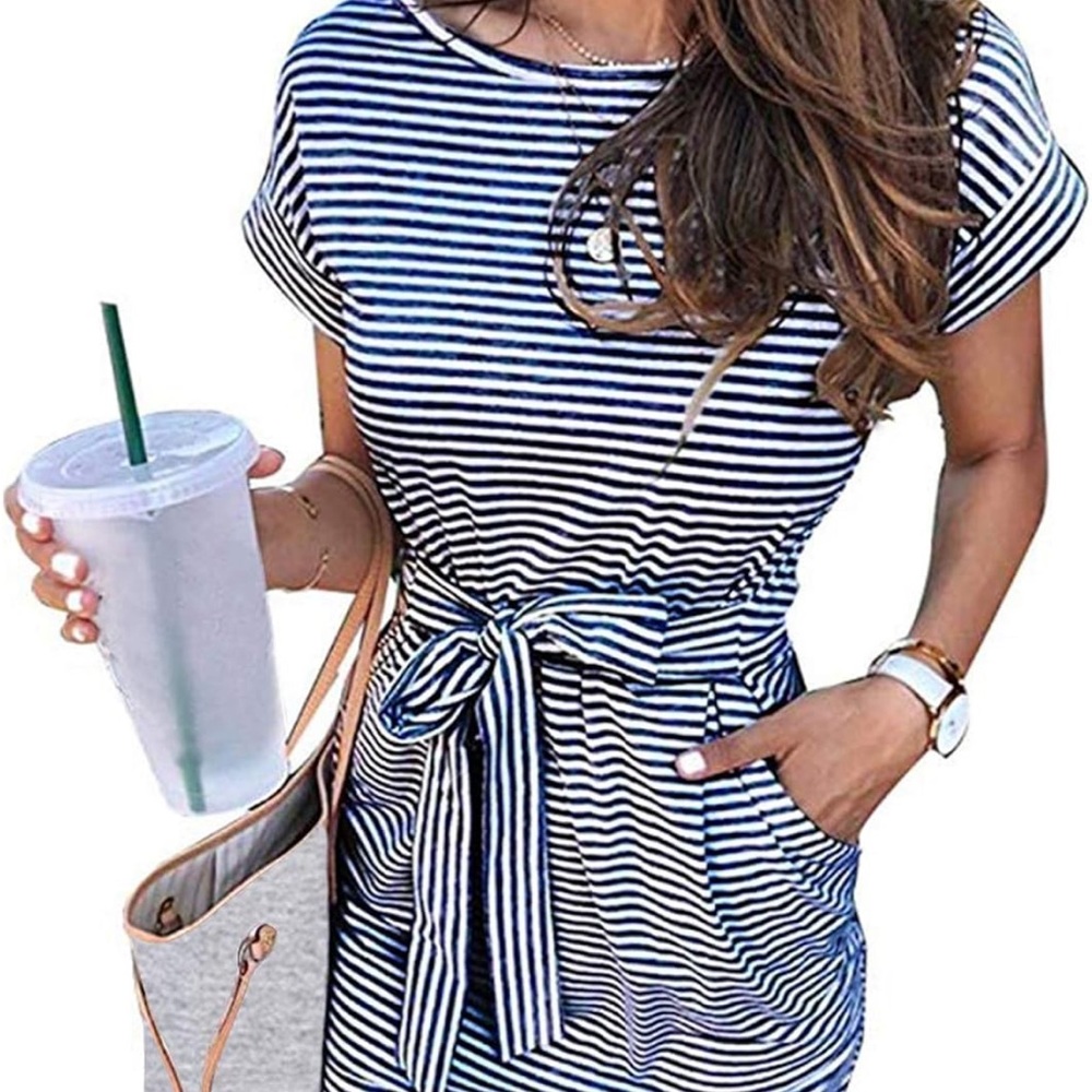 Navy blue striped casual dress with pockets